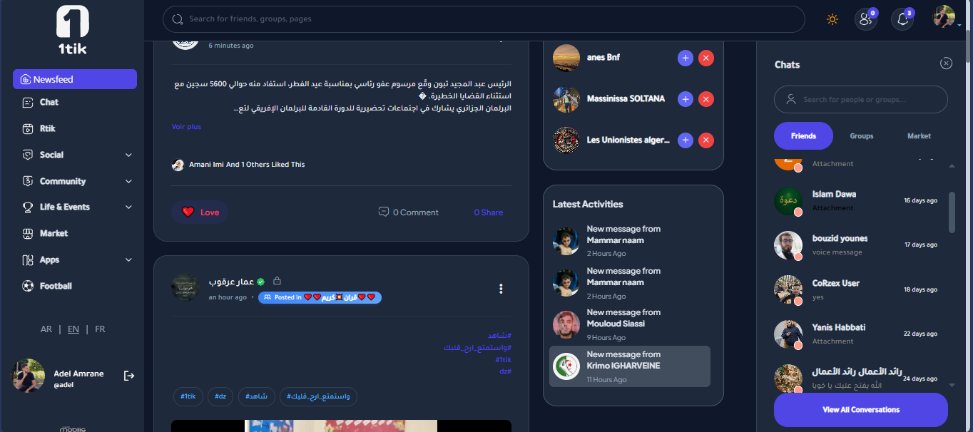 A screenshot of 1tik the first Algerian national social media platform (from Adel Amrane's portfolio, Developer of the platform)